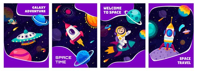 Poster - Space adventure posters with astronauts, rocket spaceship, UFO and galaxy planets. Universe discovery, space research or galaxy adventure vector posters with with kid spaceman and alien characters