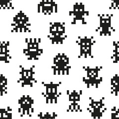 Poster - Pixel monsters, arcade game seamless pattern. Fabric or textile backdrop, wallpaper vector seamless background or print with old arcade pixel alien monster, retro videogame robot or creature character