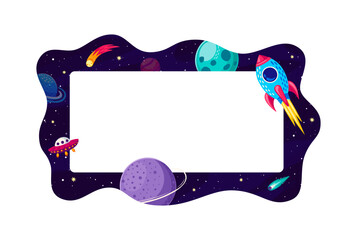 Poster - Cartoon galaxy space kid frame or border with rocket, planets, comets and stars in the Universe landscape. Vector celestial-themed template showcases cosmic travel and mesmerizing cosmic wonders