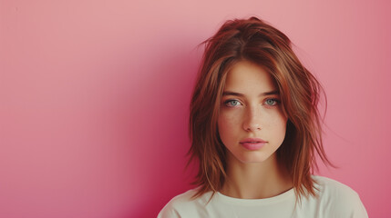 Wall Mural - A beautiful young girl on a pink plain background 