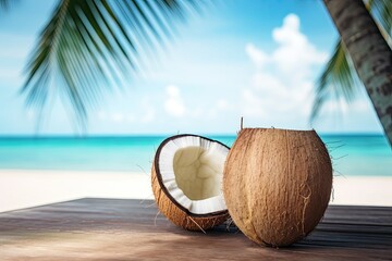 Wall Mural - tasty coconut on tropical beach in summer