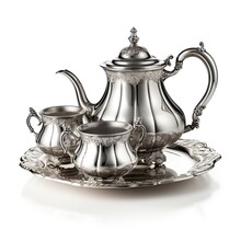 Vintage Silver Tea Set Isolated On White Background