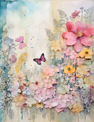 Wall Mural - Elegant floral Vintage Scrapbook Paper, Old Vintage Texture, Junk Journal, Scrapbooking, Digital Paper, Flowers, Teal, orange, yellow and Pink Florals