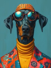 Sticker - Doberman Pinscher dog portrait with high necked sweater, showcasing innovative and fashionable beauty trends