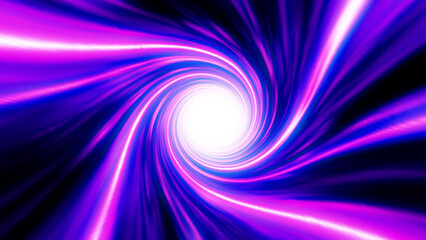 Wall Mural - Neon colored purple hypertunnel spinning speed space tunnel made of twisted swirling energy magic glowing light lines abstract background. 