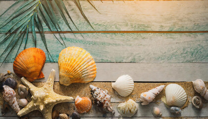 Wall Mural - Seashells on the sand of  twooden retro background. Top view with copy space. Summer holiday banner background