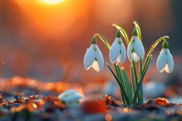 Poster - A closeup of the snowdrop flowers receiving the first rays of sun. Background image. Created with Generative AI technology