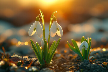 Poster - A closeup of the snowdrop flowers receiving the first rays of sun. Background image. Created with Generative AI technology