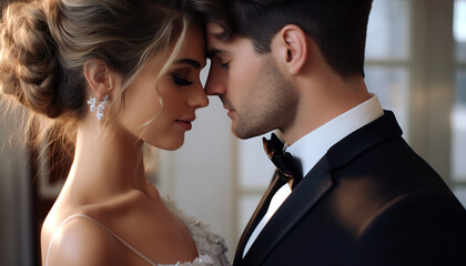 Close up shoot of young bride and groom. Wedding concept. 