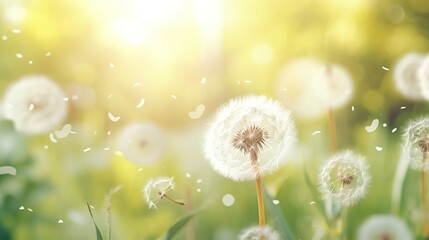 Wall Mural - Beautiful fluffy dandelions on meadow at the field in nature spring. White dandelions with soft selective focus and bokeh sun light background