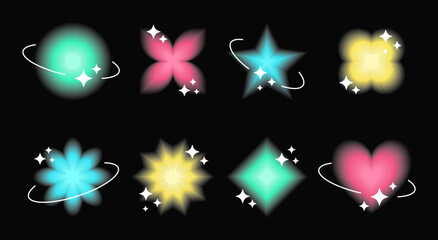 Poster - Set of glowing symbols and shapes in white frames with blinks, retro Y2K graphic design elements and stickers. Vector illustration.