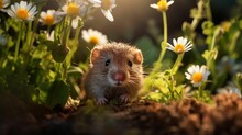 A Hamster Peeking Out Of The Grass And Flowers In A Field