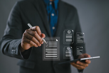 Poster - Quality Certificate and Checklist document inspecting target marketing planning assignment with quality management. Standardization, certification. Compliance to regulations service and standards.