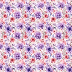 Wall Mural - Vibrant repetitive floral pattern in shades of purple and red. AI-generated.