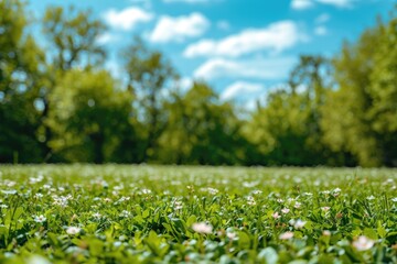 Wall Mural - spring nature with trimmed lawn, trees, blue sky, and clouds.