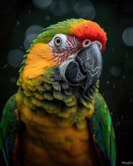 Sticker - AI generated illustration of a vibrant tropical parrot on a dark background