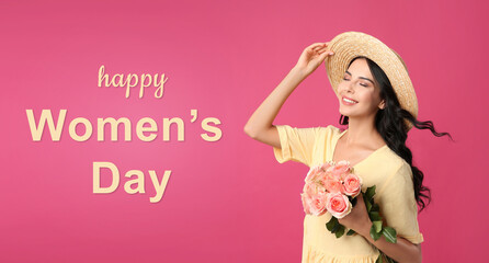 Wall Mural - Happy Women's Day, Charming lady holding bouquet of beautiful flowers on pink background