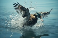 A White And Brown Beautiful Goose Is Flying And Floating In A Blue Ocean With Sun Rising Above During The Morning