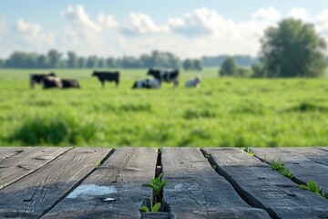 Wooden table with grass and cows background.