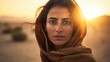 Portrait of a Middle-Eastern woman standing in the desert at sunset, Ai-generated.