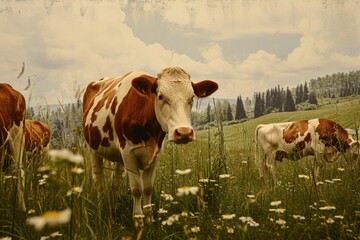 Wall Mural - Grazing cows on pasture lands.