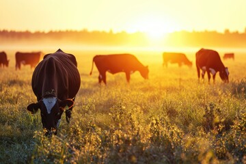 Wall Mural - Cows grazing in dewy meadow with sunrise and fog.