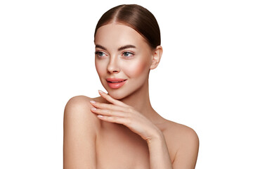 Wall Mural - portrait beautiful young woman with clean fresh skin. model with healthy skin, close up portrait. co