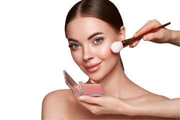 Wall Mural - makeup artist applies eye shadow. beautiful woman face. perfect makeup. make-up detail. beauty girl 