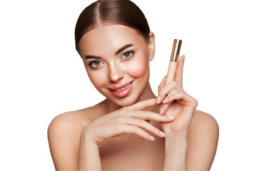Wall Mural - portrait beautiful young woman with clean fresh skin. model with foundation makeup bottle. cosmetolo