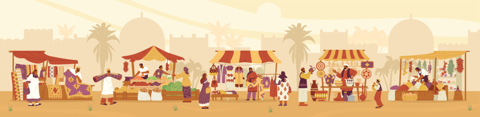 Arabian street bazaar with buyers and sellers with ancient city at the background flat vector horizontal banner. Middle Eastern market with different crafts and food stalls flat vector illustration.