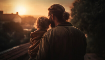 AI generated illustration of a father holding his child in his arms on the background of sunset