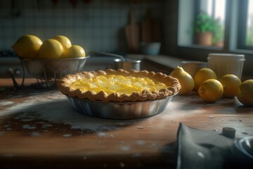 Wall Mural - AI generated illustration of a delicious lemon pie on a wooden table