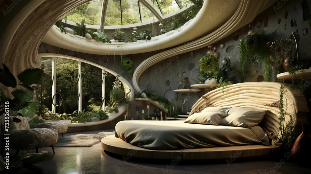 AI generated illustration of a bedroom interior surrounded by green ...