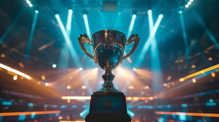 The champion sport trophy standing at center of stage with dynamic lights and crowd on the background, ESports , cyber sports concept trophy