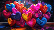 many different colored heart shaped balloons in the air and water