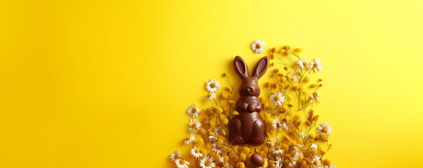 Wall Mural - Chocolate Bunny Delight: Sweetness with Spring Flowers on Yellow Background with Copy Space