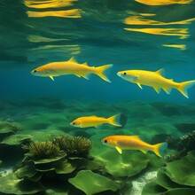 AI Generated Illustration Of An Underwater Scene Of A School Of Yellow Fish Swimming