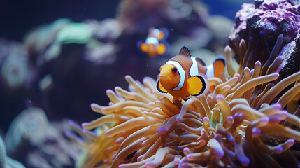 Wall Mural - Clown fish on an anemone underwater reef in the tropical ocean. Made with generative ai