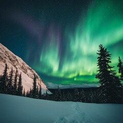 Poster - AI generated illustration of the aurora borealis shining in a green hue above snow-covered trees