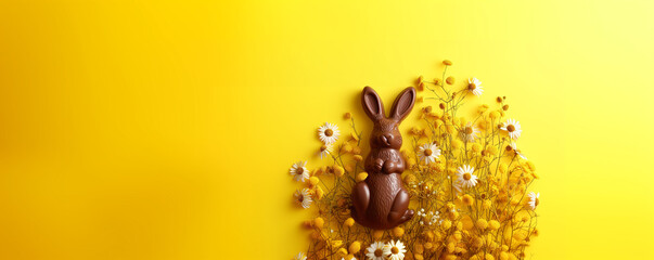 Wall Mural - Chocolate Bunny Delight: Sweetness with Spring Flowers on Yellow Background with Copy Space