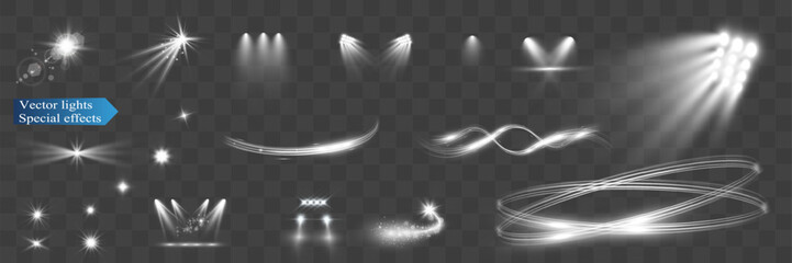 Fototapete - Set of light spotlight effects.Lens flare, explosion,sparkle, dust,line,solar flare, spark and stars.	

