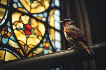 Wall Mural - AI generated illustration of a brown-feathered bird perched on a bar against a stained glass window