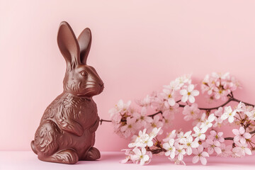 Wall Mural - Sweet Easter Delight: Chocolate Bunny on Pink Background with flowers, Copy Space included. 