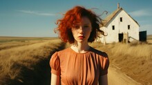 A Woman With Red Hair And A Dirt Road In Front Of A House