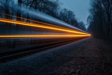 Poster - Train in motion in night leaving a light trail. Long exposure. Background image. Created with Generative AI technology