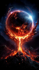 Wall Mural - the planetary object is surrounded by flames and water on a dark background