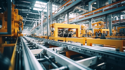 Wall Mural - metallic assembly line surface with a blurred, dynamic factory background. perfect for product prese