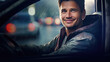 Portrait of Driving instructor in car on a blurred background