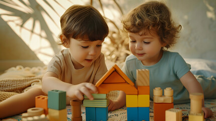 Two kids playing with colorful blocks on the floor in children's room