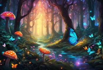 Wall Mural - ai generated illustration of a mystical and enchanting forest at night with mushrooms
